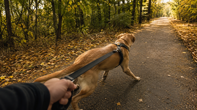 Chien tirant fort sur sa laisse tendue lors d'une promenade en forêt
