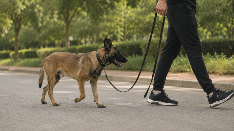Chien marchant calmement en laisse detendue a cote de son proprietaire