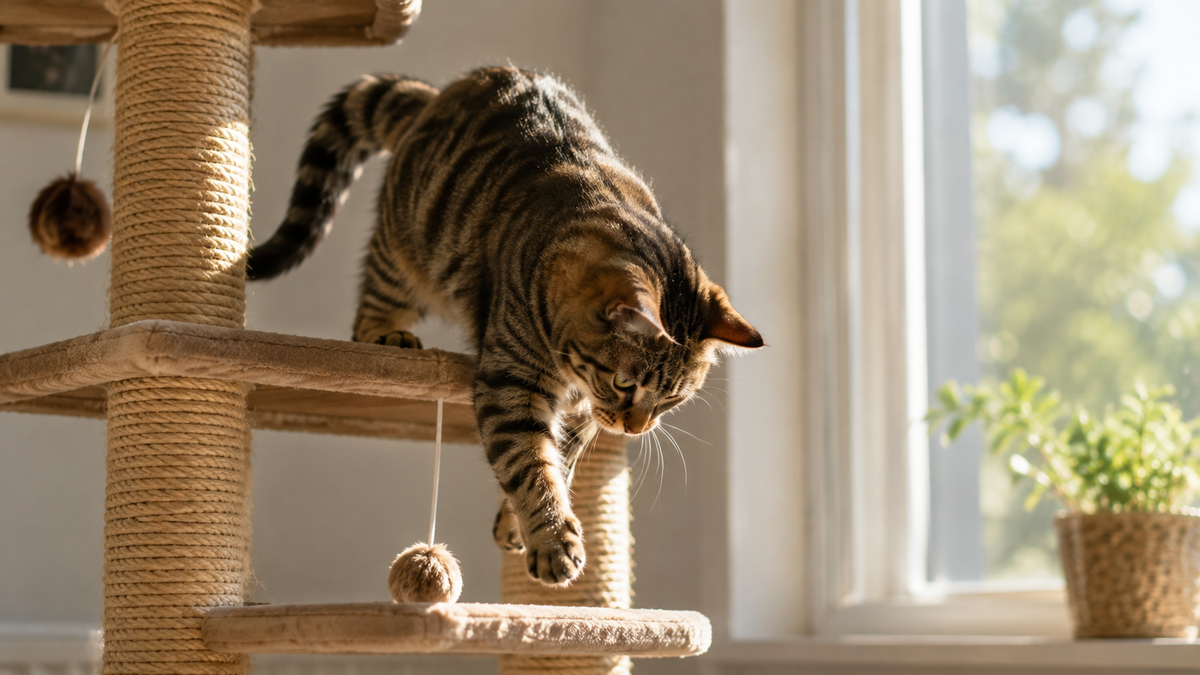 Chat d'interieur explorant un arbre a chat pres d'une fenetre