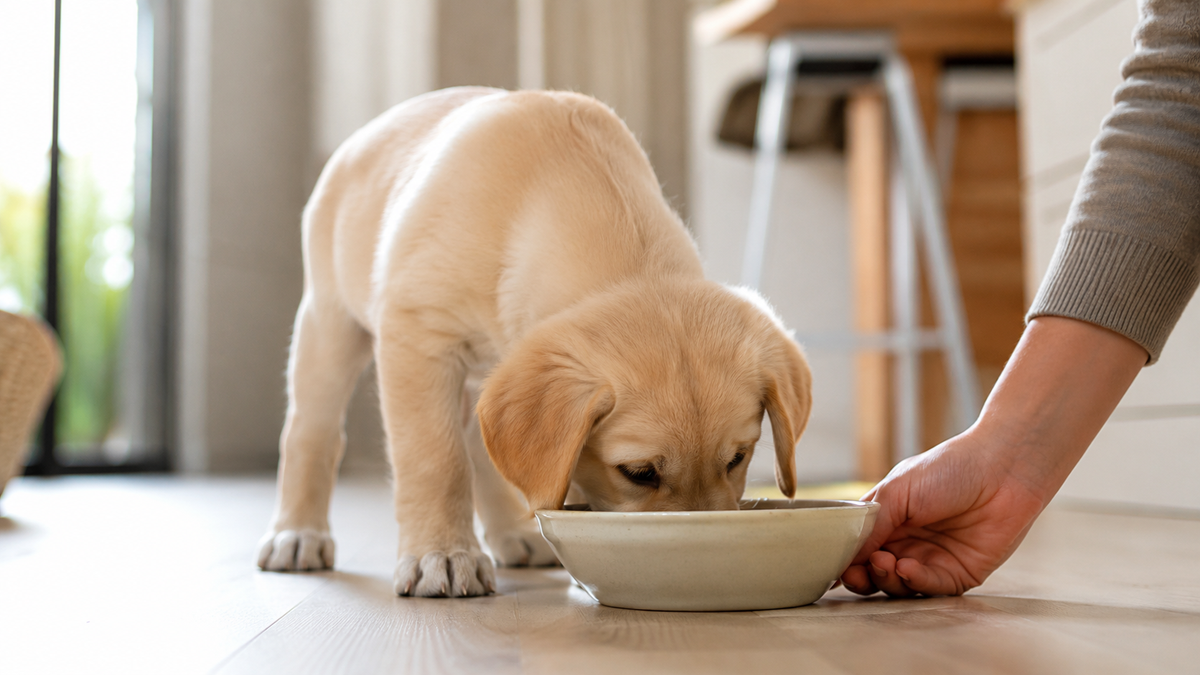 Chiot mangeant dans sa gamelle dans un interieur chaleureux