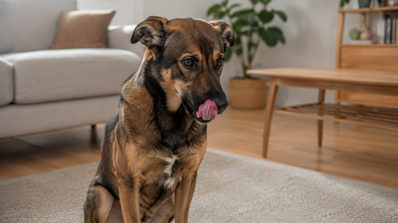 Chien montrant un signe de stress discret a l'interieur