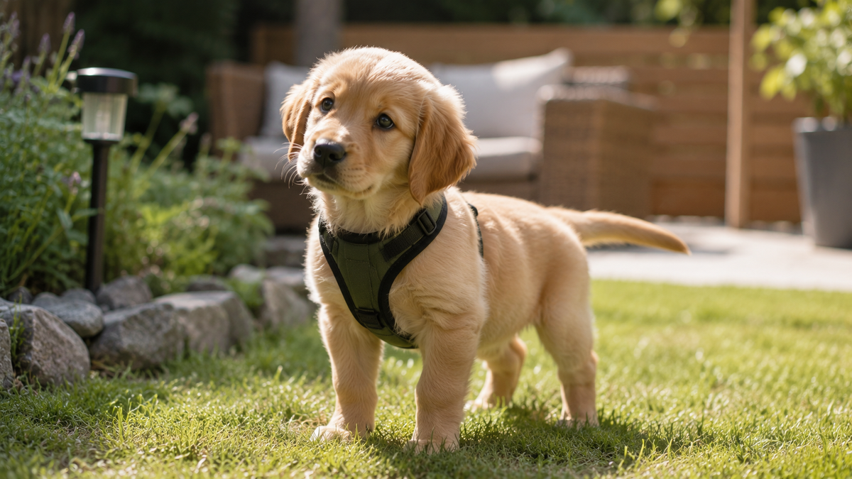 Jeune chiot portant un harnais ajuste dans un jardin