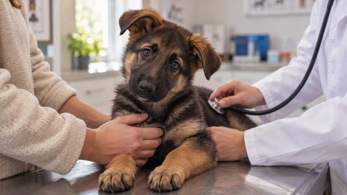 Chiot calme lors d'une consultation vétérinaire de vaccination