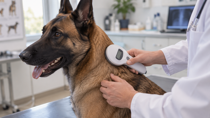 Scénage de la puce électronique d'un chien calme en cabinet vétérinaire