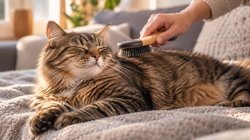 Chat détendu se faisant brosser doucement le dos en intérieur