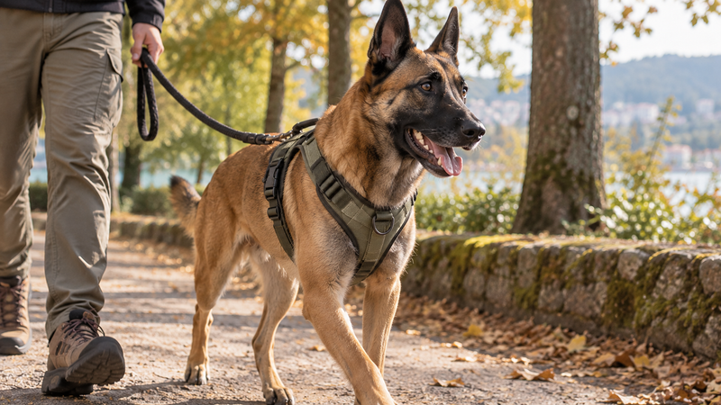 Chien heureux et détendu portant un harnais bien ajusté en balade