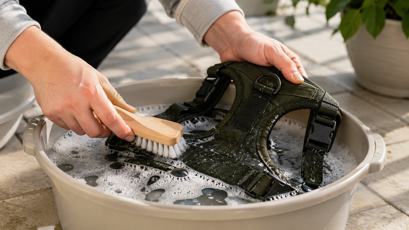 Lavage à la main d'un harnais pour chien dans une bassine d'eau savonneuse