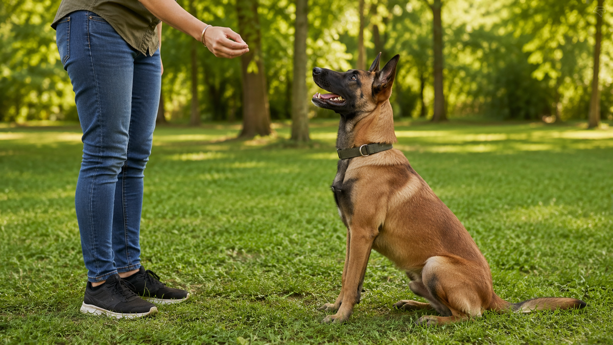 Séance d'éducation canine positive entre un chien attentif et son propriétaire
