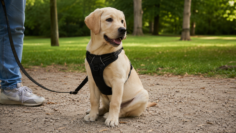 Chiot portant un harnais anti-traction assis calmement en extérieur