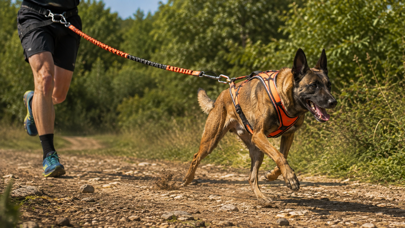 Chien en pleine course relié par une ligne élastique de canicross à une ceinture de coureur