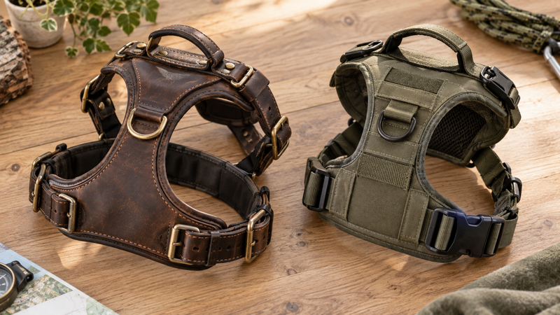 Comparatif entre un harnais en cuir et un harnais en tissu technique polyester posés côte à côte