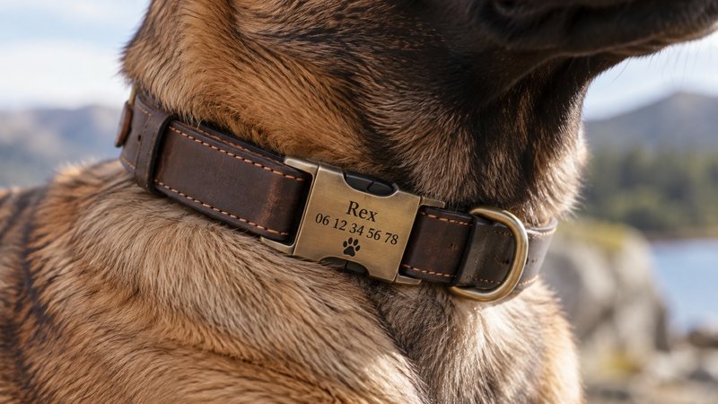 Collier en cuir pour chien avec boucle gravée portant nom et numéro de téléphone
