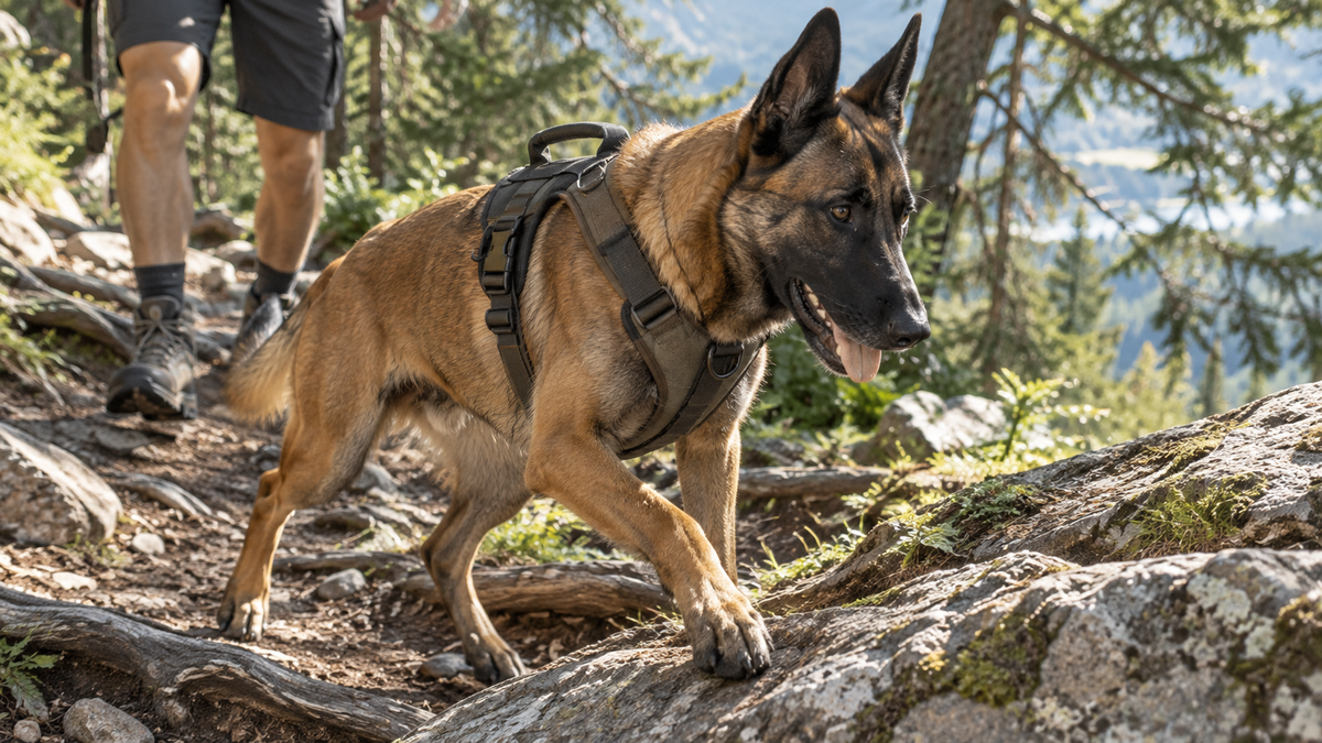 Chien portant un harnais avec poignée dorsale en pleine randonnée sur sentier naturel