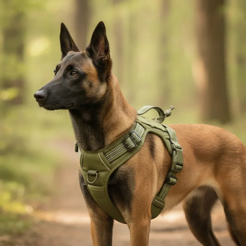 Chien Malinois portant un harnais anti-traction vert armée