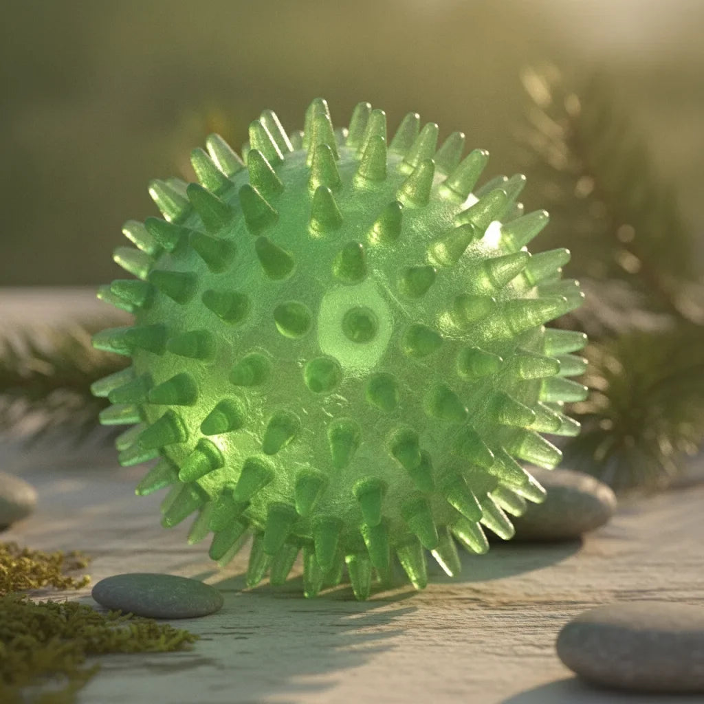 Gros plan sur la texture a picots souples d'une balle sensorielle pour chien