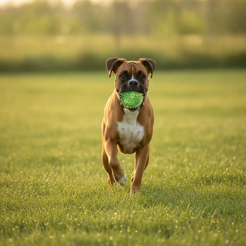 Chien Boxer courant avec une balle a picots verte couineuse dans la gueule