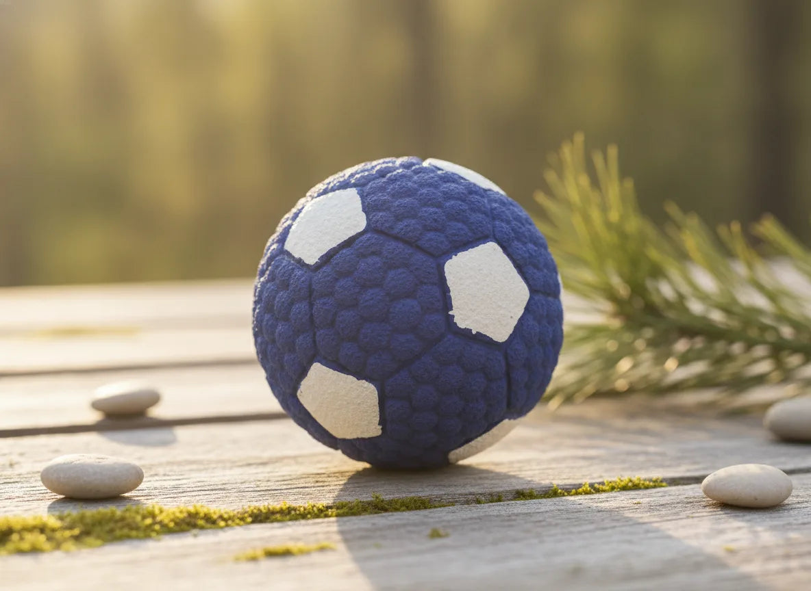 Balle en latex pour chien imitation ballon de football, coloris bleu et blanc