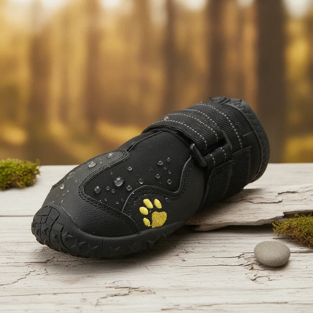 Gros plan sur une botte impermeable pour chien noire avec bande velcro et gouttes d'eau
