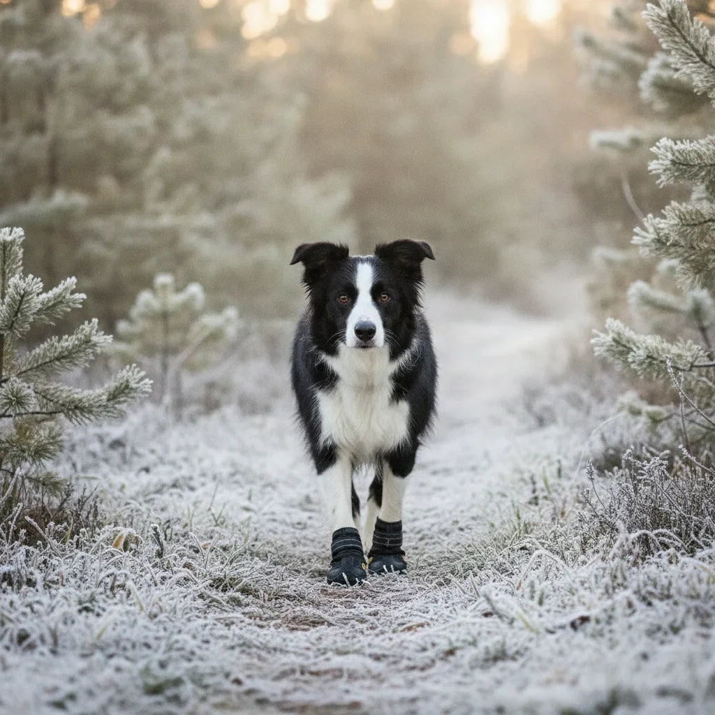 Chien Border Collie portant des bottes impermeables noires sur un chemin givre en foret