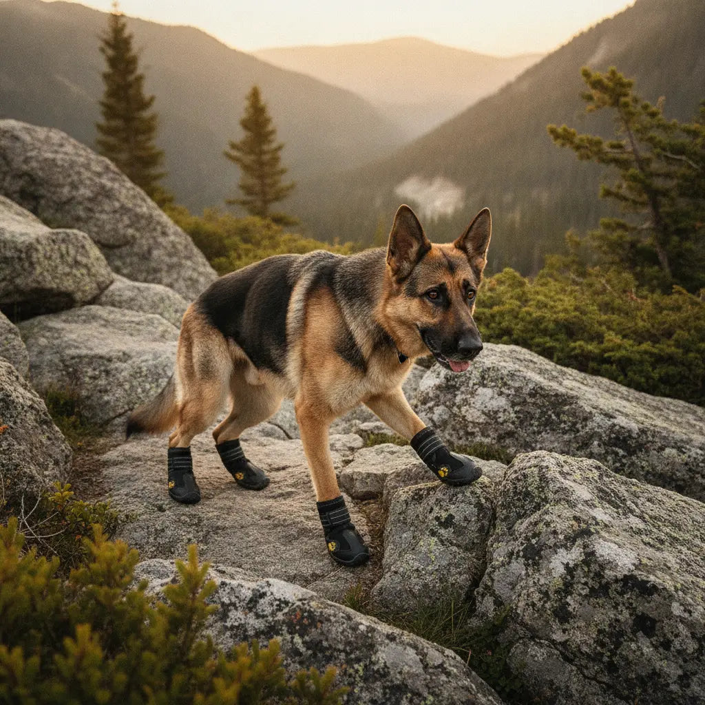 Chien Berger Allemand portant des bottes impermeables noires lors d'une randonnee sur terrain rocheux