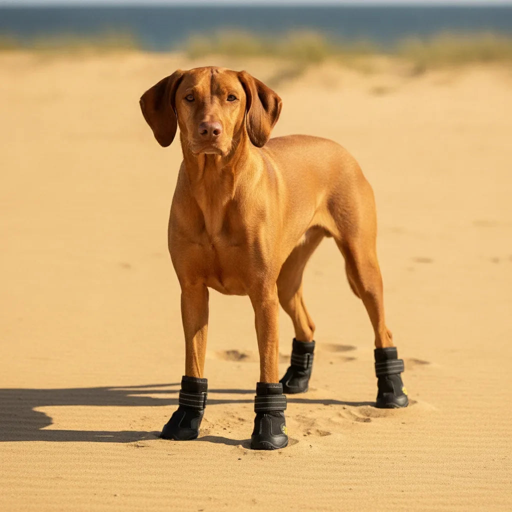 Chien Vizsla portant des bottes impermeables noires sur une plage de sable chaud