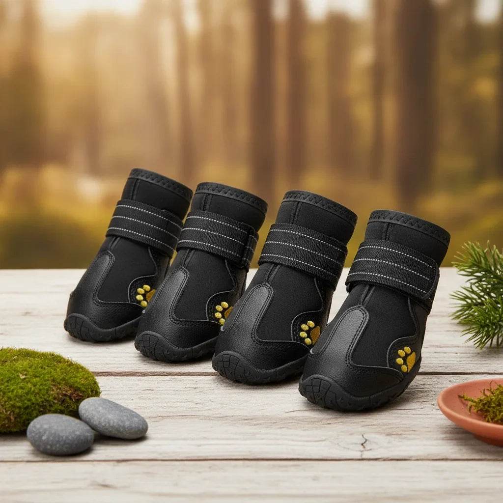 Set de 4 bottes impermeables pour chien noires a semelle renforcee, vue exterieure