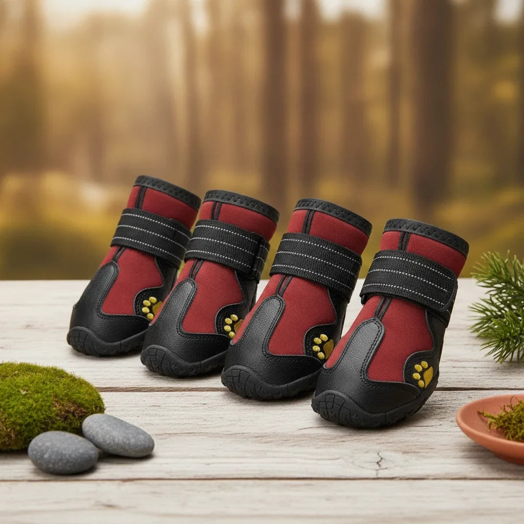 Set de 4 bottes impermeables pour chien rouge bordeaux a semelle renforcee, vue exterieure
