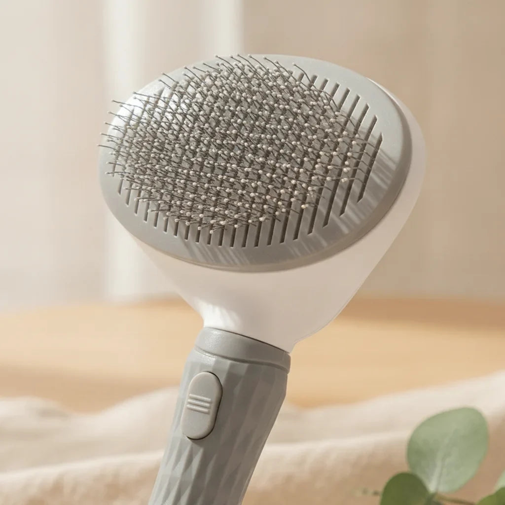 Gros plan sur les picots metalliques fins de la tete d'une brosse auto-nettoyante grise