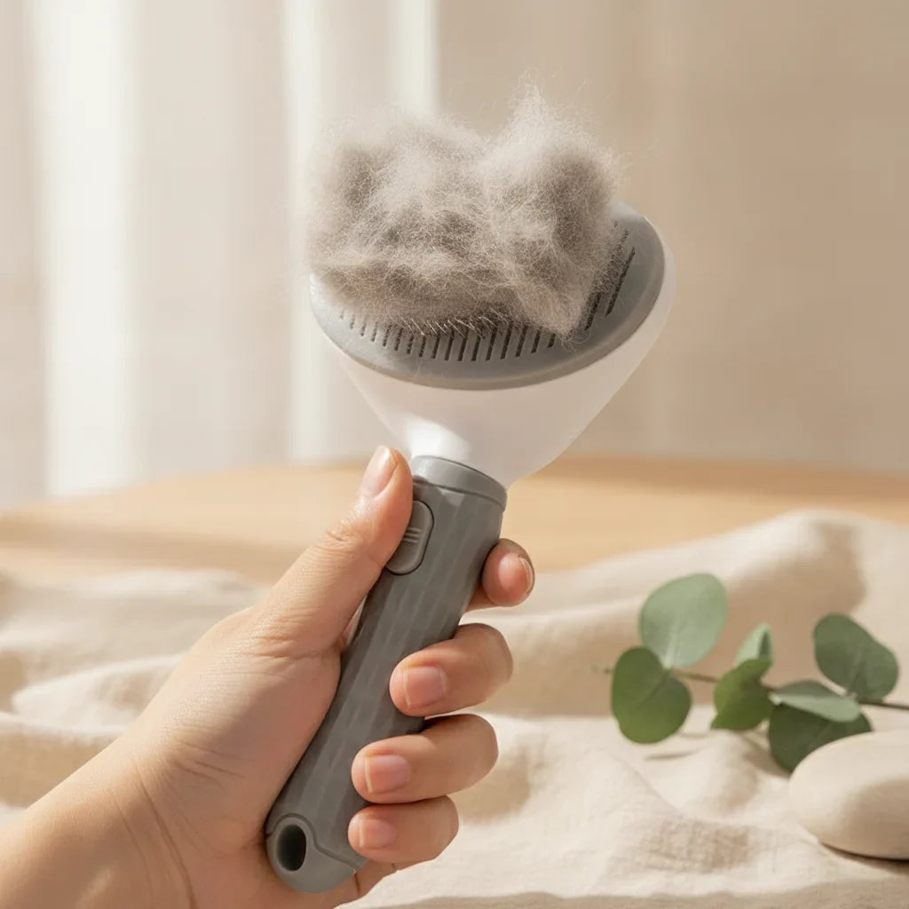 Main actionnant le bouton auto-nettoyant d'une brosse grise, poils d'animal detaches des picots