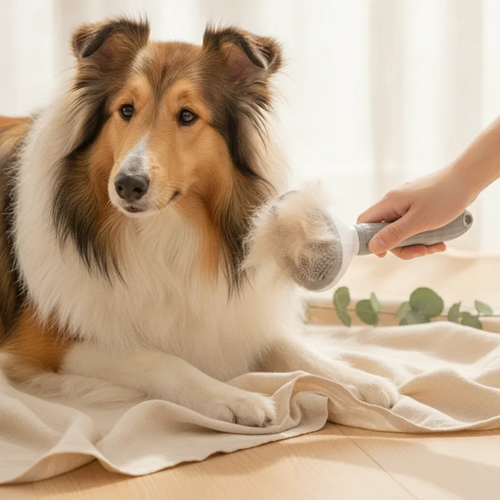 Chien Colley a poil long brosse avec une brosse auto-nettoyante grise