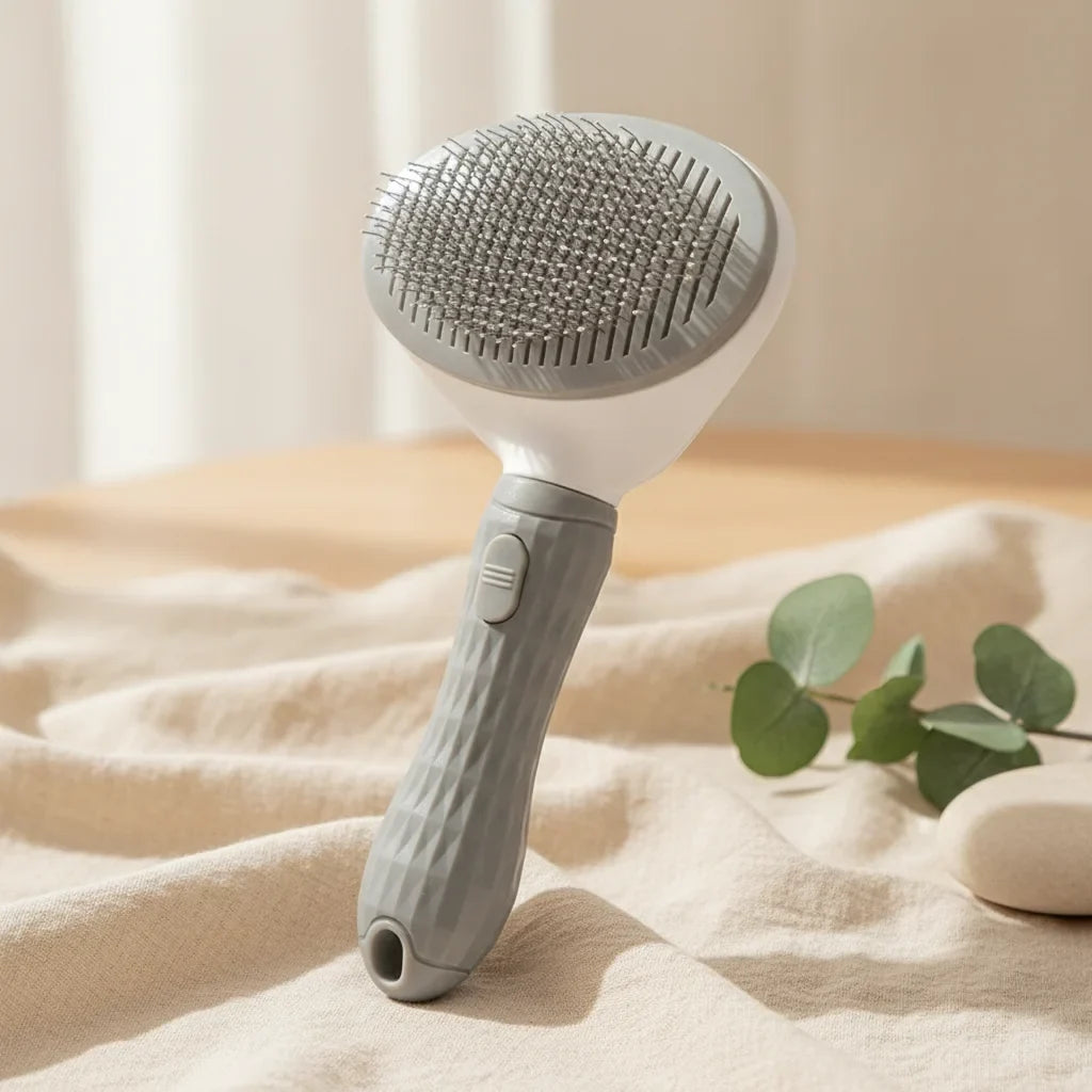 Brosse auto-nettoyante pour chien grise avec bouton de nettoyage, vue de profil