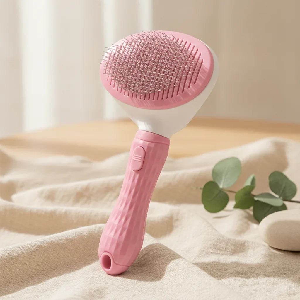 Brosse auto-nettoyante pour chien rose avec bouton de nettoyage, vue de profil