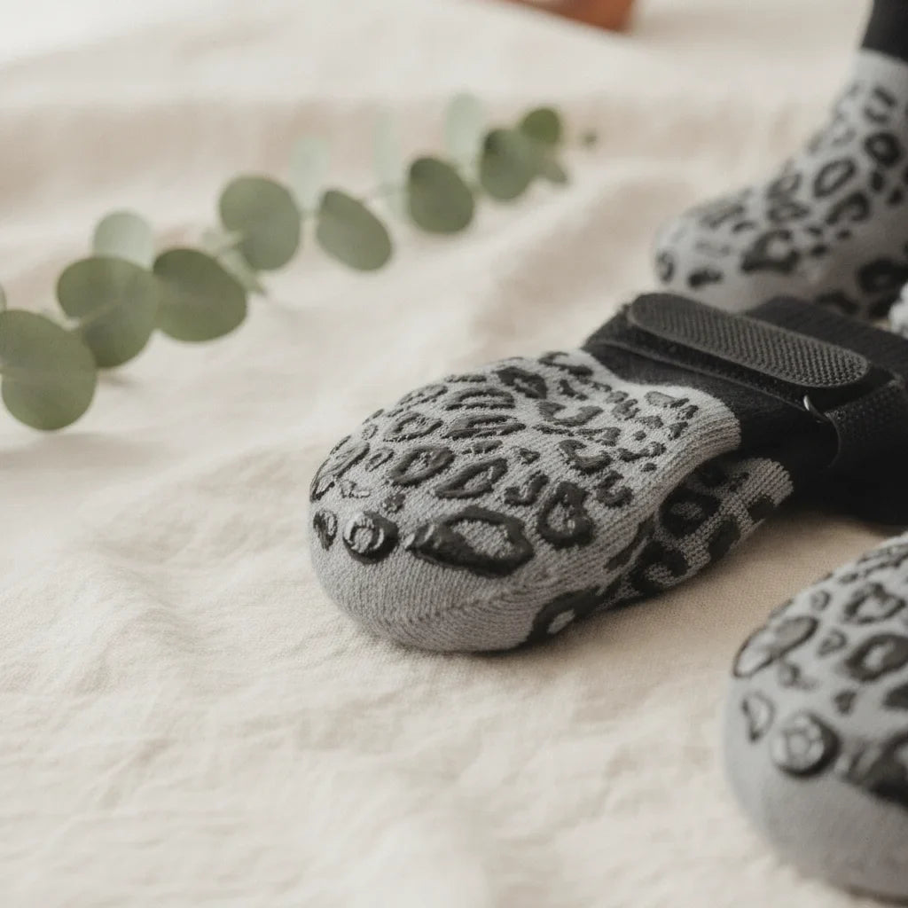 Gros plan sur la semelle antiderapante imprimee leopard et la bande velcro d'une chaussette pour chien