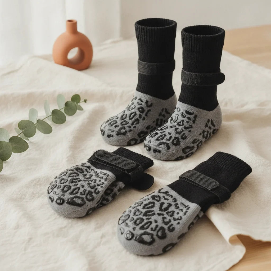 Chaussettes antiderapantes pour chien noires a semelle imprimee leopard, posees sur un linge