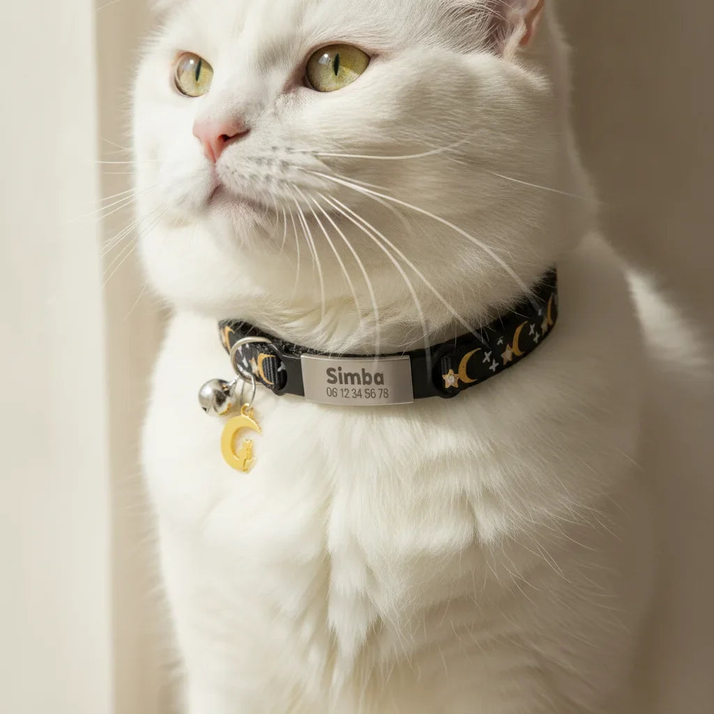 Chat blanc portant un collier personnalise noir a motif lune et etoiles avec plaque gravee