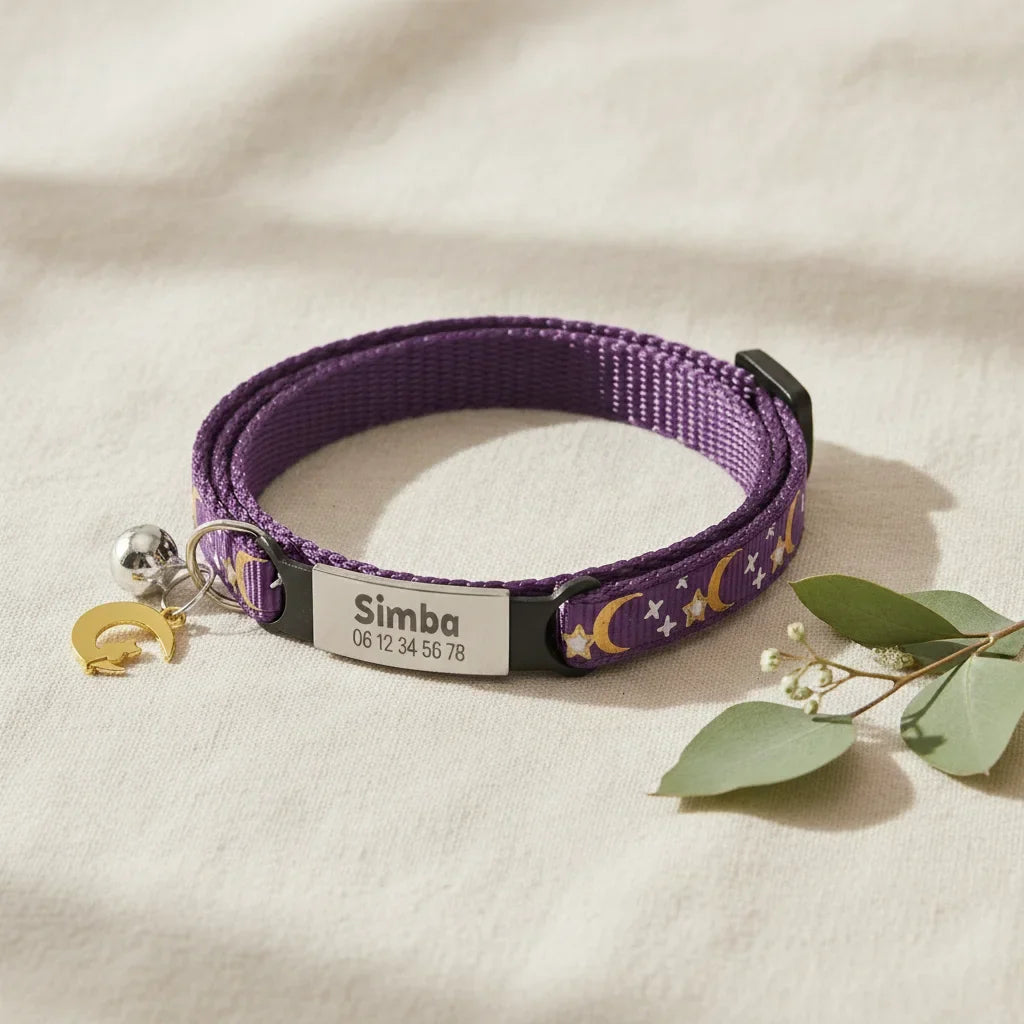 Collier pour chat personnalise violet a motif lune et etoiles avec plaque gravee