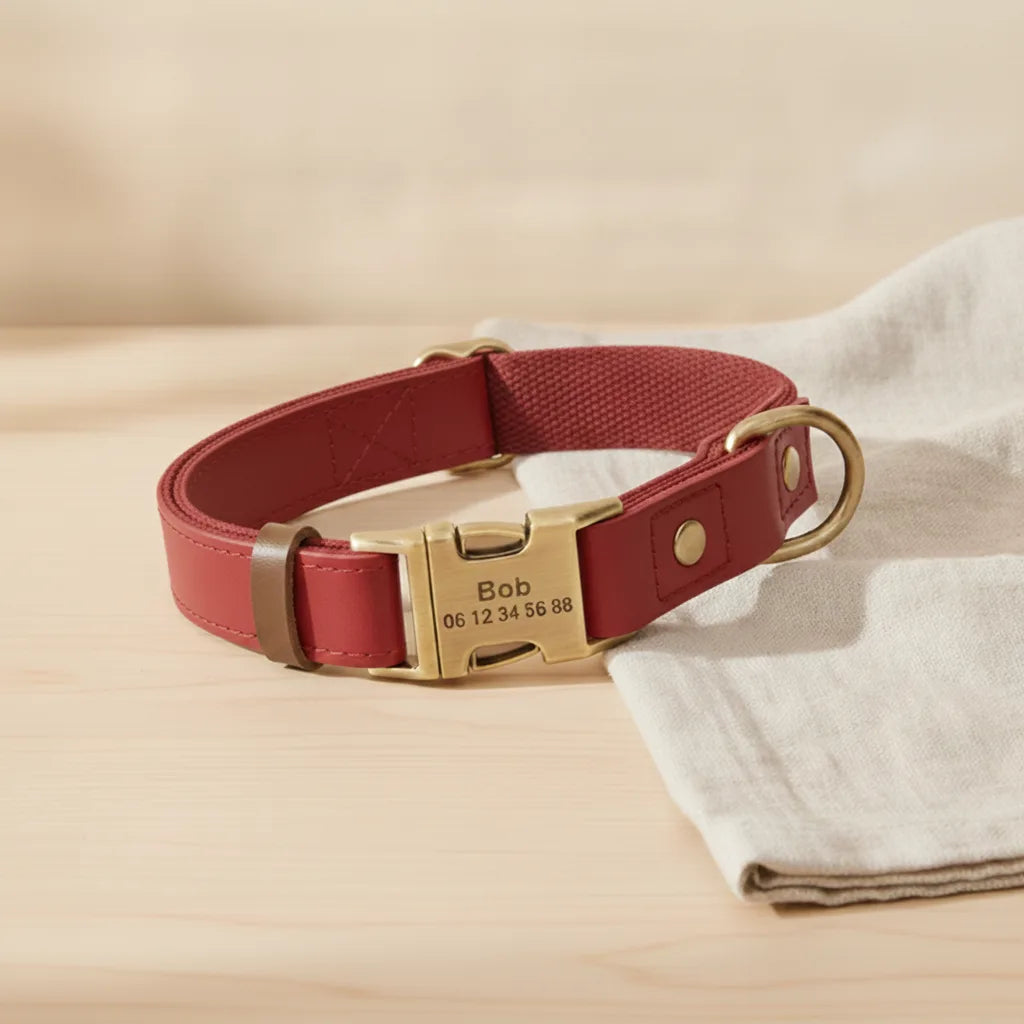 Collier pour chien en cuir rouge personnalise avec plaque gravee, pose sur une table en bois