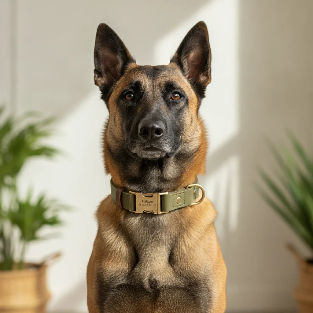 Chien Malinois portant un collier en cuir vert kaki personnalise, gravure visible sur la plaque