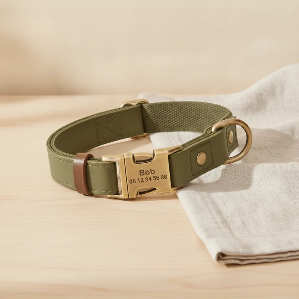 Collier pour chien en cuir vert kaki personnalise avec plaque gravee, pose sur une table en bois