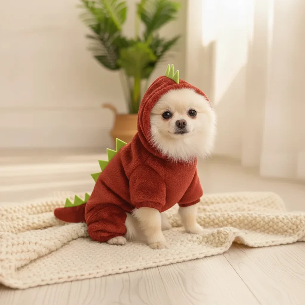 Chien Pomeranien portant une combinaison deguisement dinosaure rouge a capuche