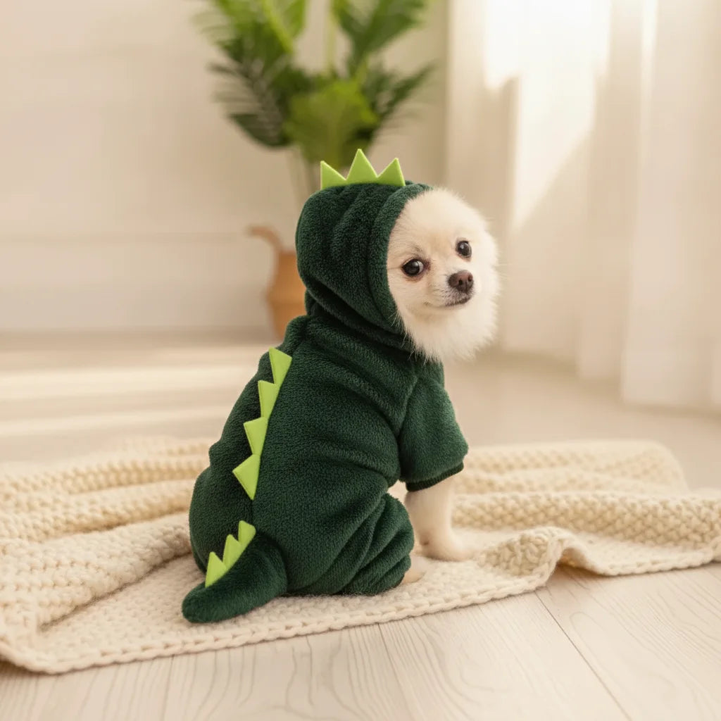 Chien Pomeranien vu de dos portant une combinaison deguisement dinosaure vert avec crete