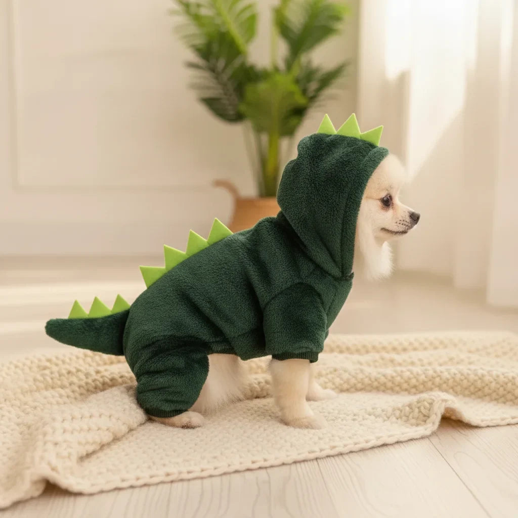 Chien Pomeranien vu de profil portant une combinaison deguisement dinosaure vert avec queue et crete