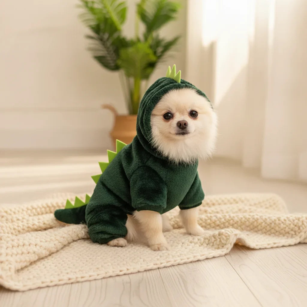 Chien Pomeranien portant une combinaison deguisement dinosaure vert a capuche