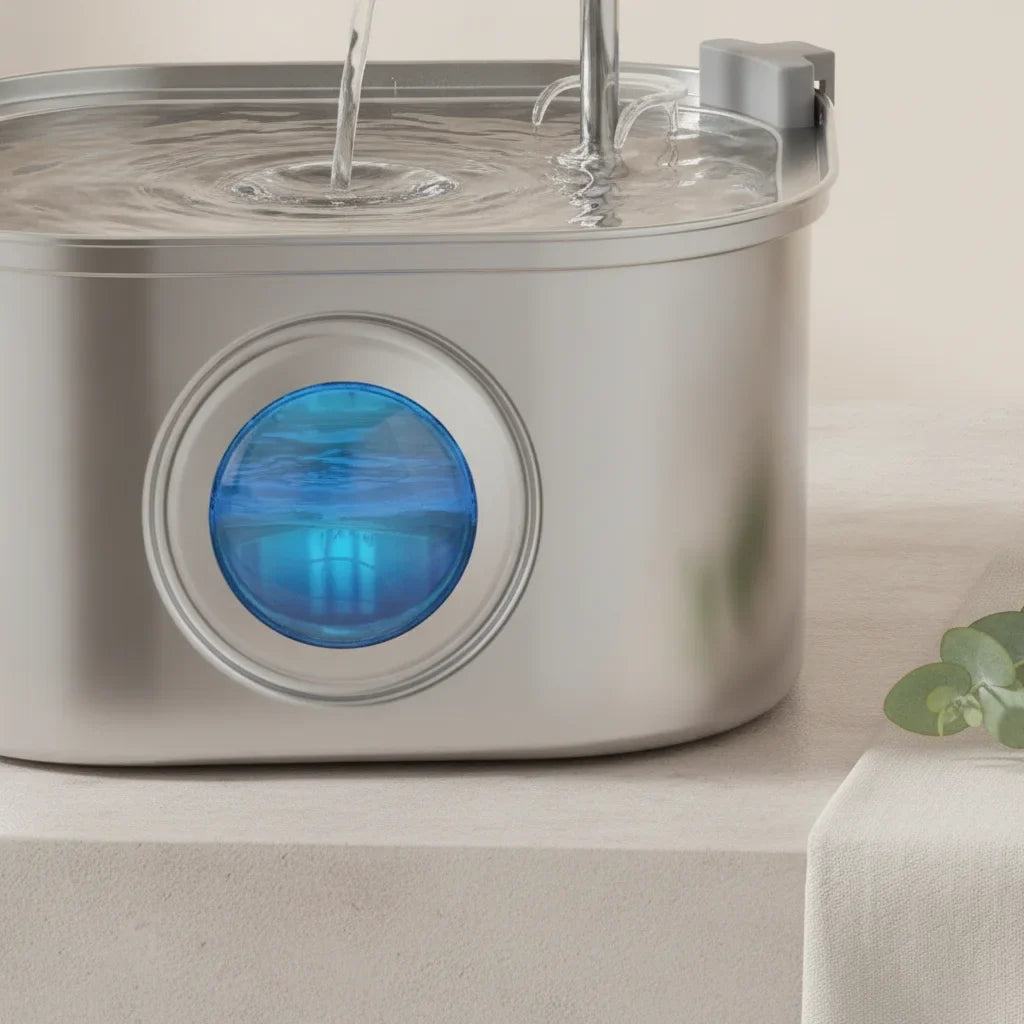 Fontaine a eau en inox pour chat, vue de face avec ecoulement d'eau visible