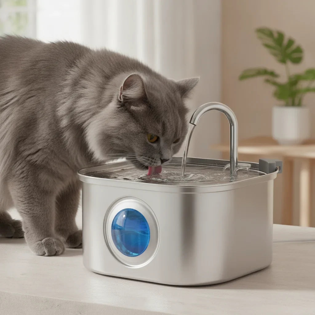Chat British Shorthair gris buvant a une fontaine a eau en inox