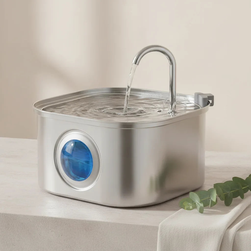 Fontaine a eau en inox pour chat avec jet d'eau et voyant lumineux bleu