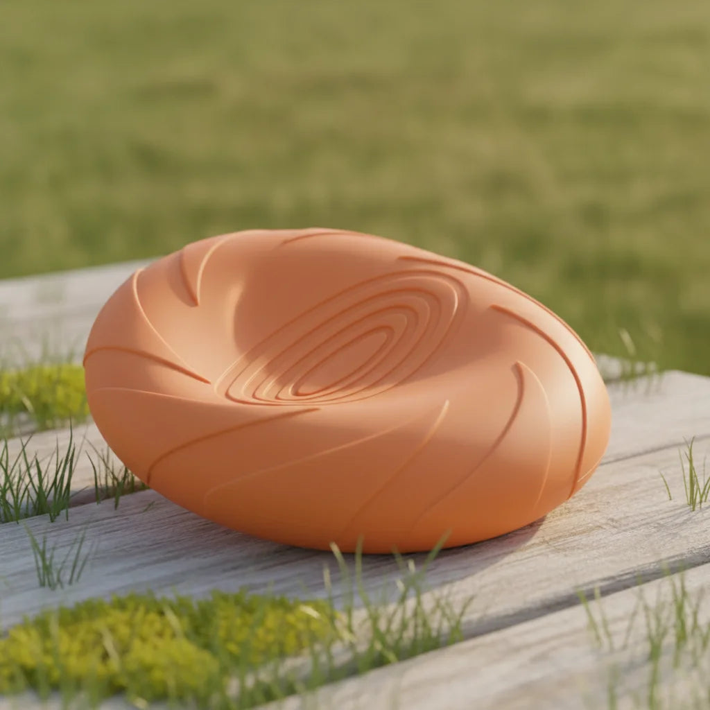 Gros plan sur les rainures en spirale d'un frisbee en silicone orange pour chien