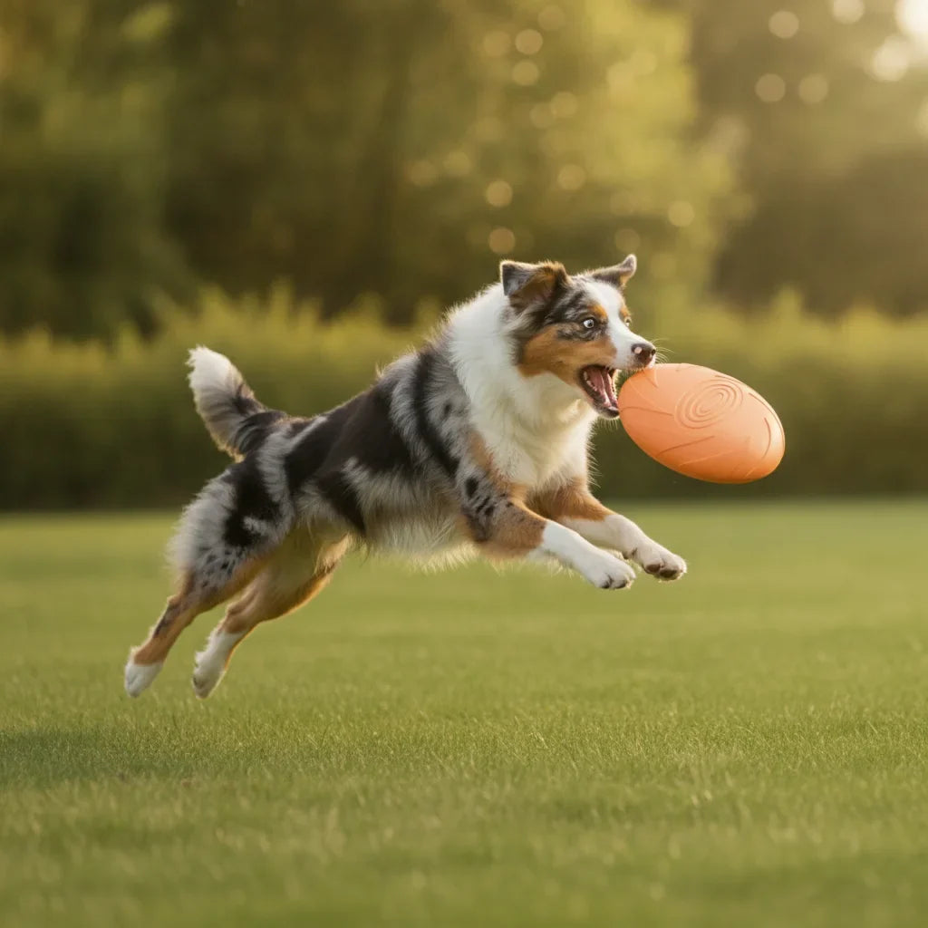 Chien Berger Australien sautant pour attraper un frisbee en silicone orange