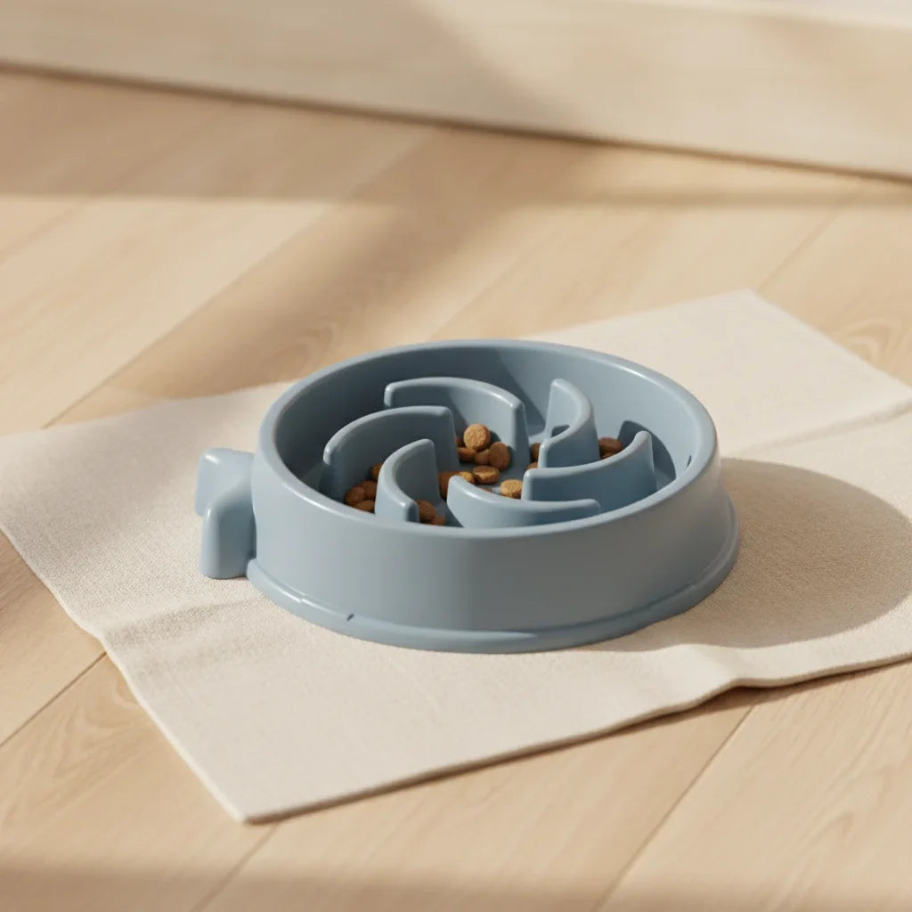 Gamelle anti-glouton pour chat en forme de fleur, coloris bleu, avec croquettes