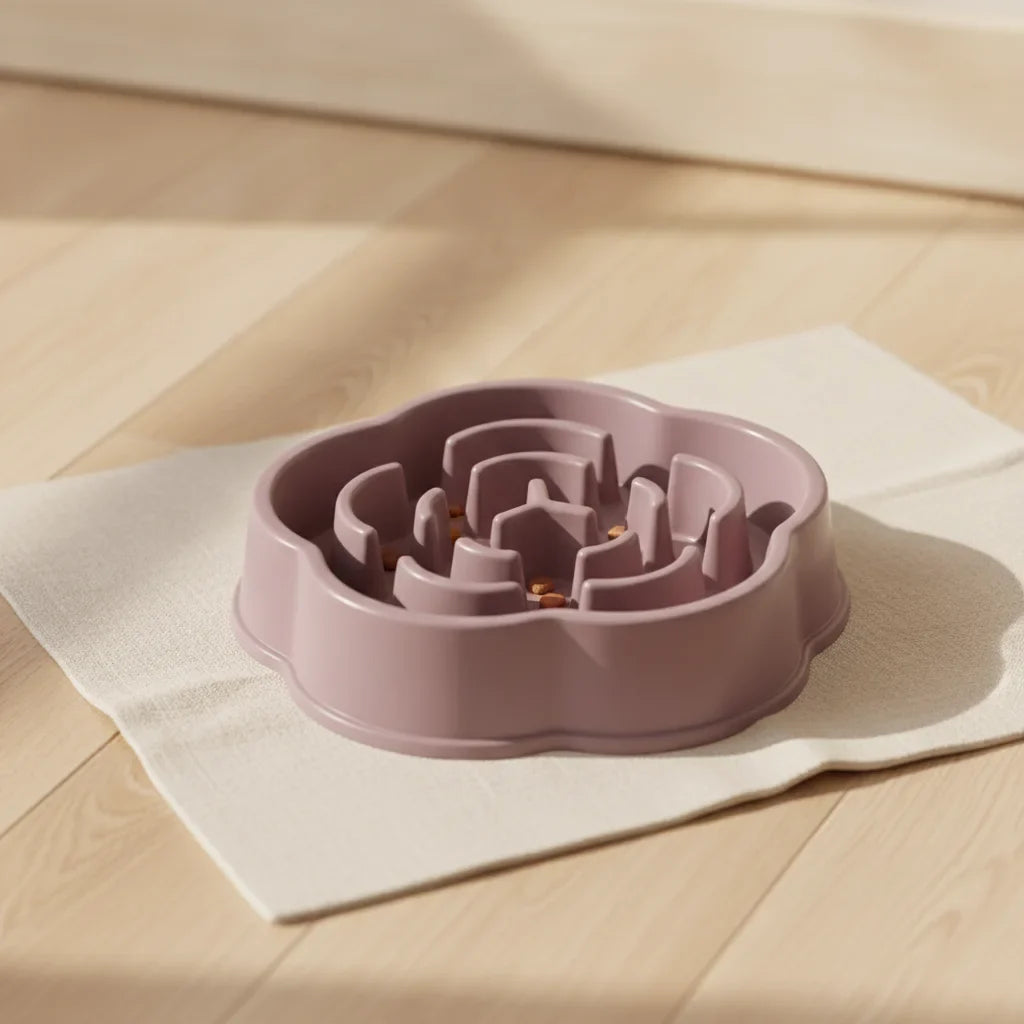 Gamelle anti-glouton pour chat en forme de fleur, coloris prune, avec croquettes